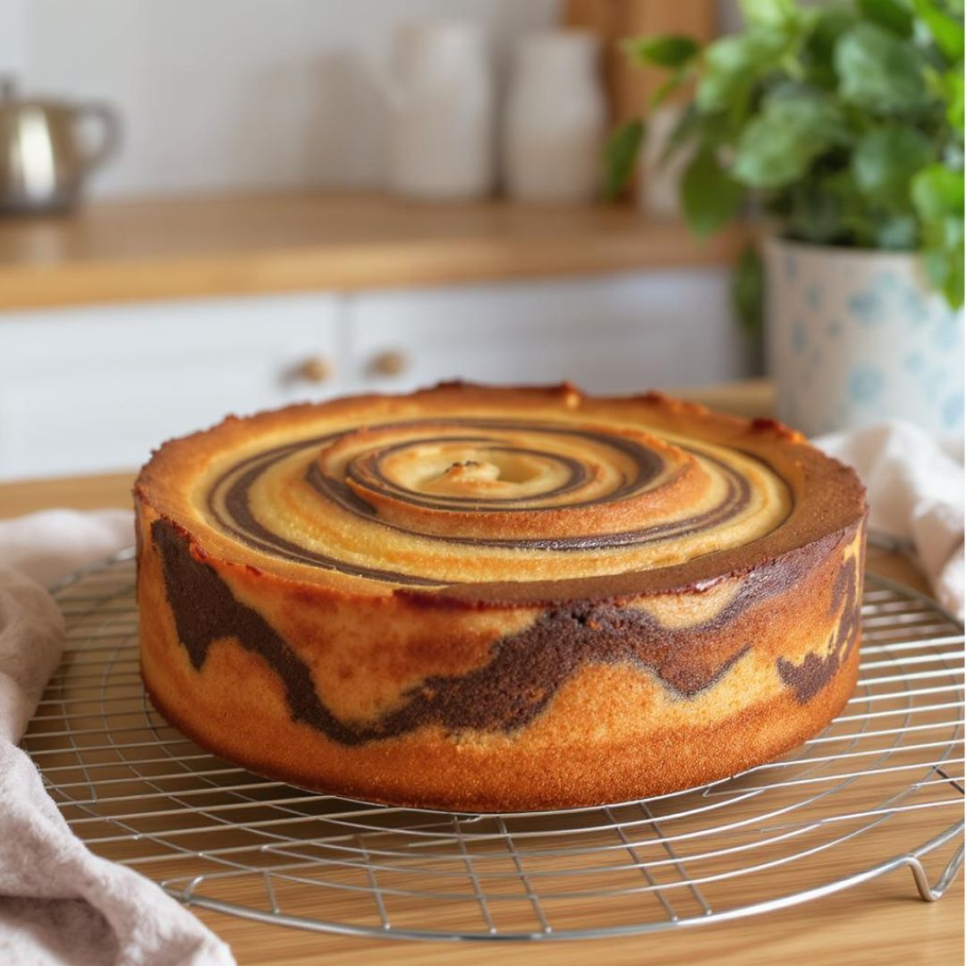 Immagine della torta variegata al cocco e cacao, elegante e tradizionale.